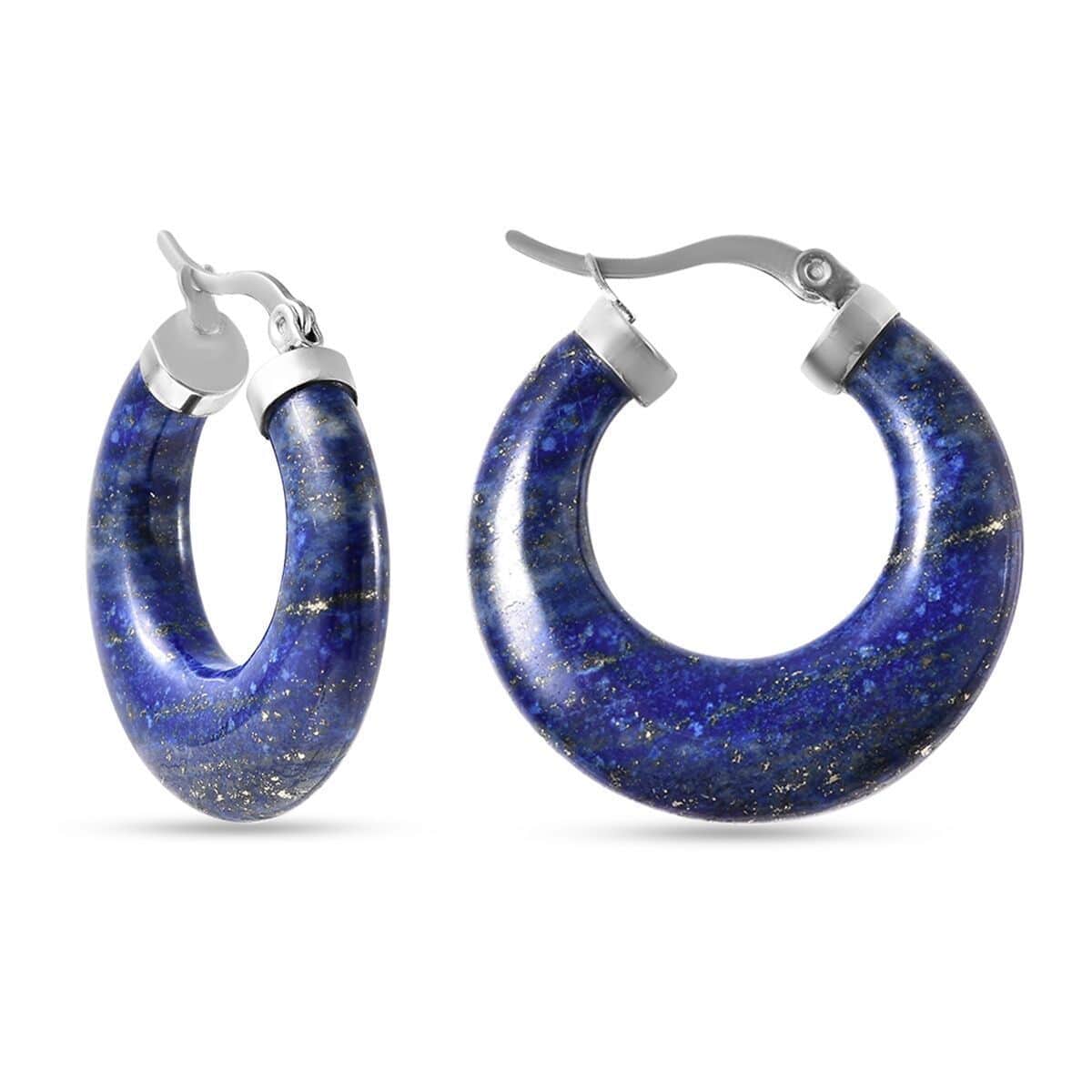 Lapis Lazuli Hoop Earrings in Stainless Steel 55.00 ctw image number 3