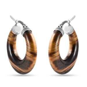 Yellow Tiger's Eye Hoop Earrings in Stainless Steel 47.00 ctw