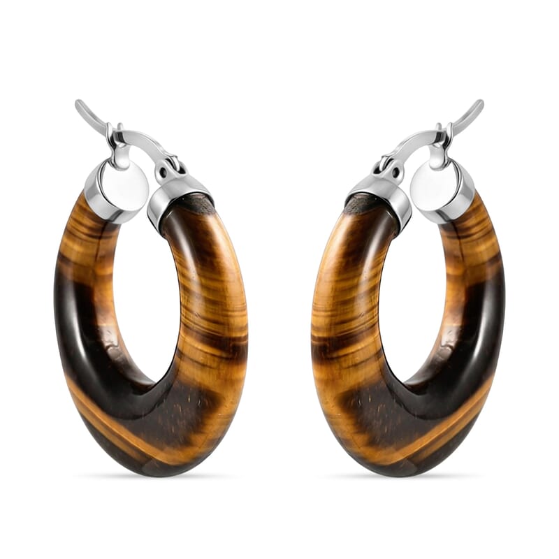 Yellow Tiger's Eye 47.00 ctw Hoop Earrings in Stainless Steel