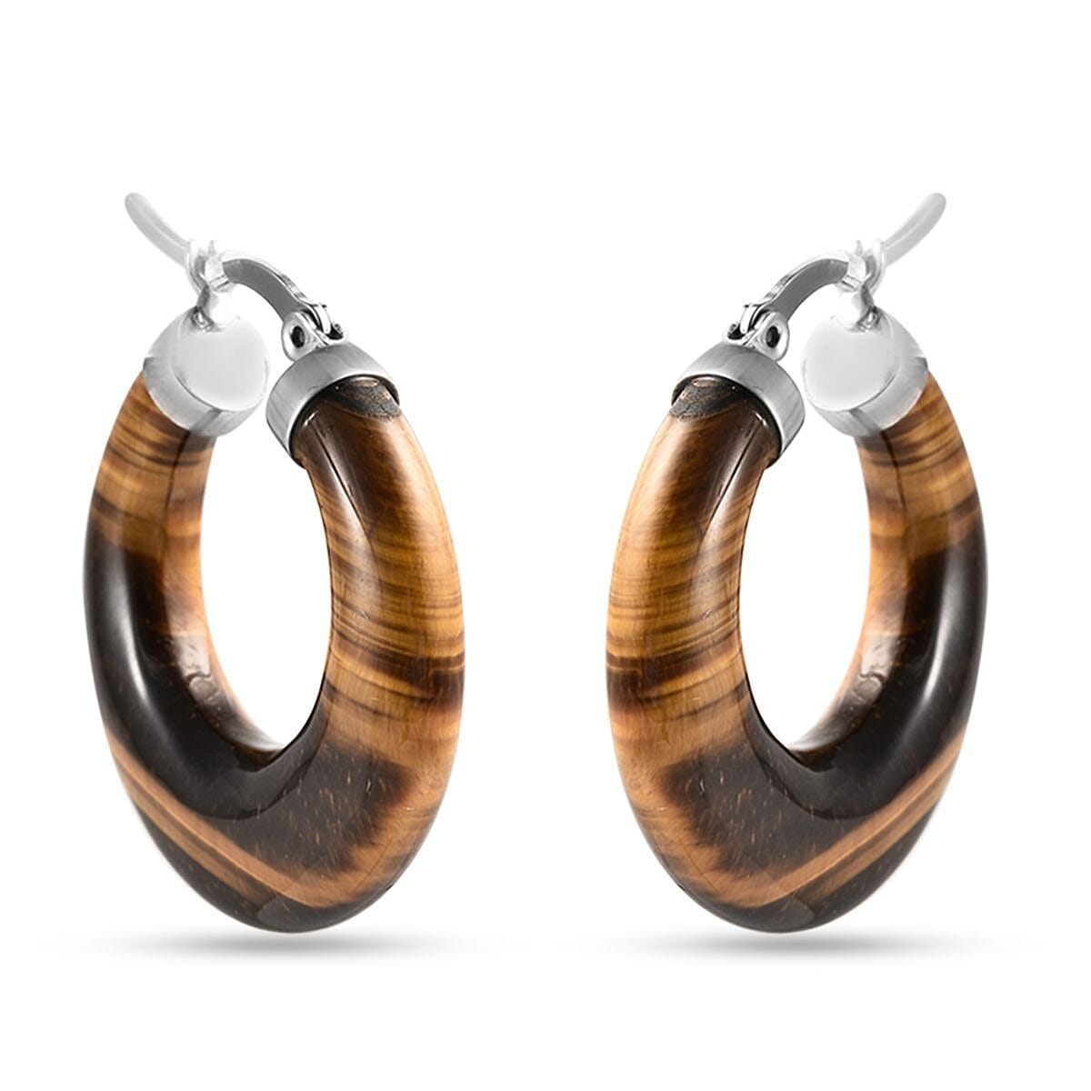 Yellow Tiger's Eye Hoop Earrings in Stainless Steel 47.00 ctw image number 0