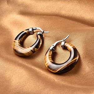 Yellow Tiger's Eye 47.00 ctw Hoop Earrings in Stainless Steel