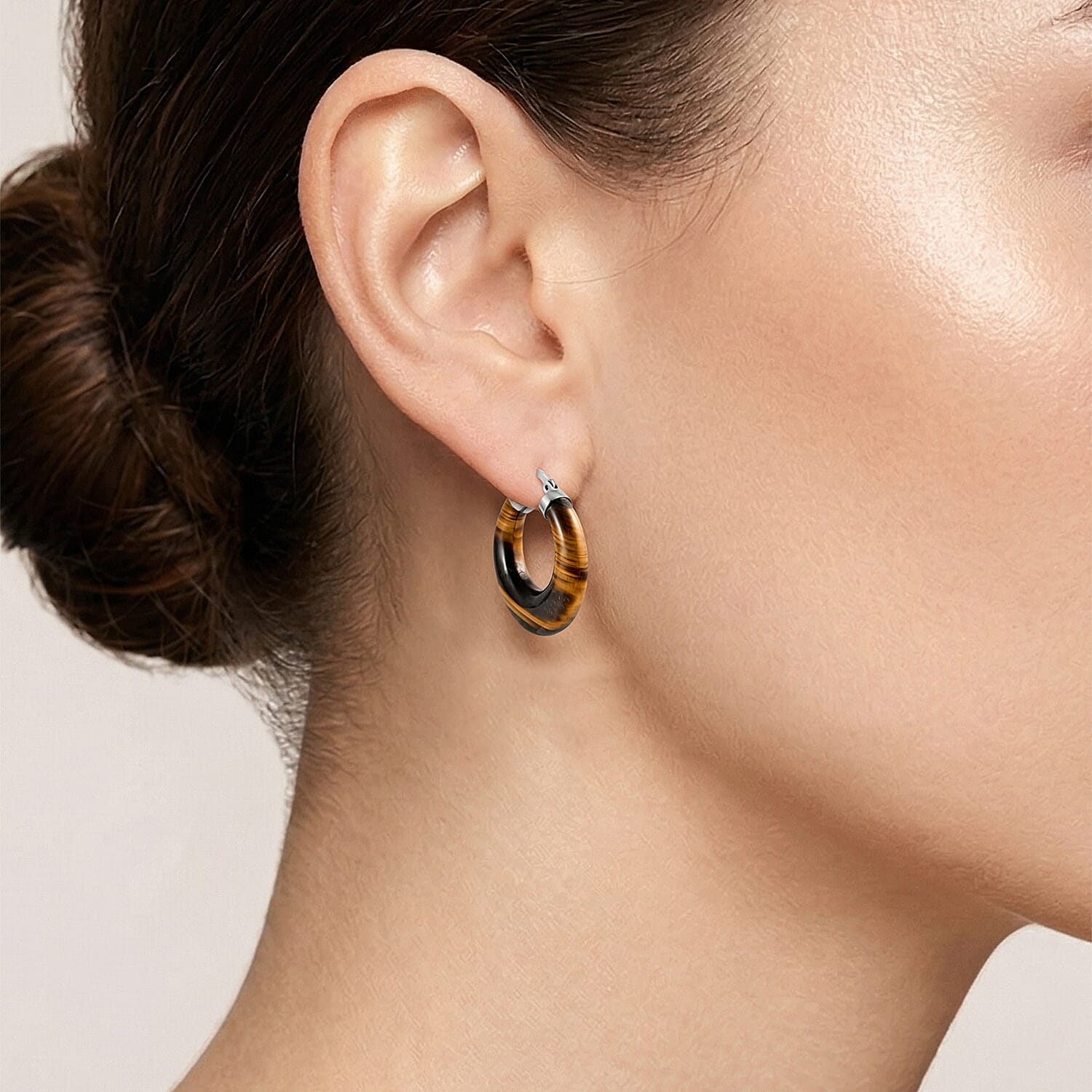 Yellow Tiger's Eye 47.00 ctw Hoop Earrings in Stainless Steel