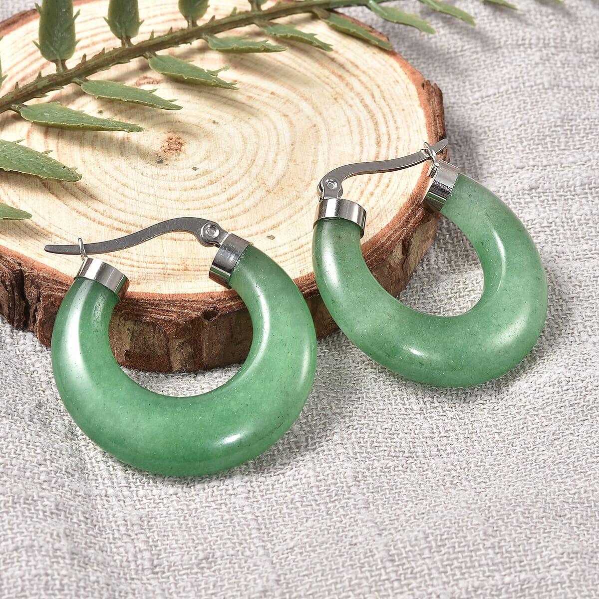 Green Aventurine 45.00 ctw Hoop Earrings in Stainless Steel image number 1