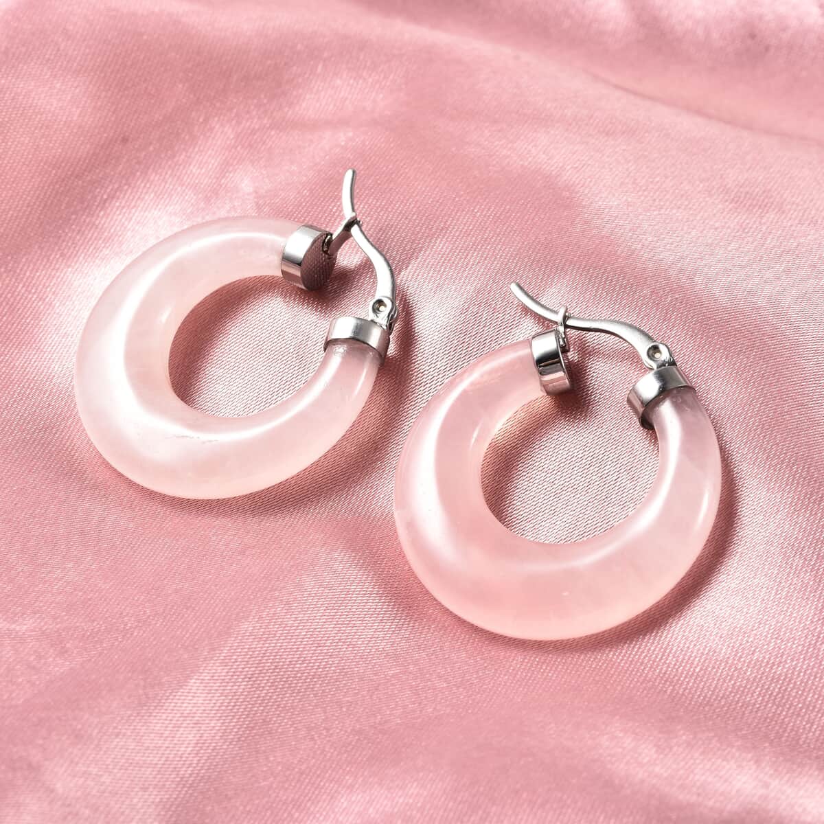 Galilea Rose Quartz Hoop Earrings in Stainless Steel 43.00 ctw image number 1