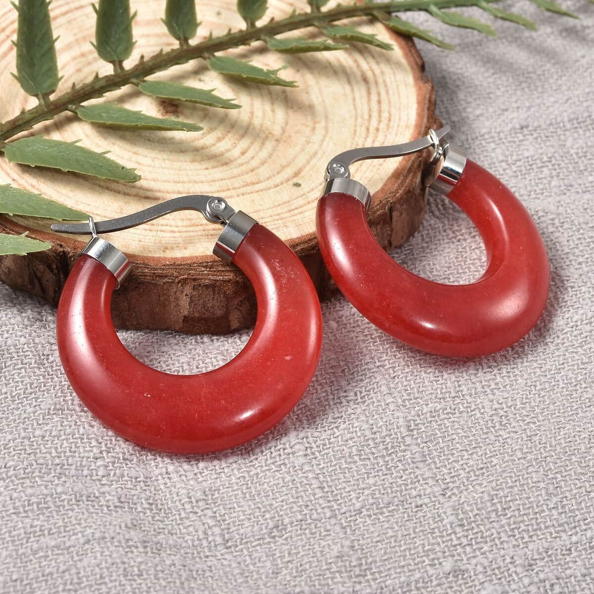 Red Carnelian Hoop Earrings in Stainless Steel image number 1