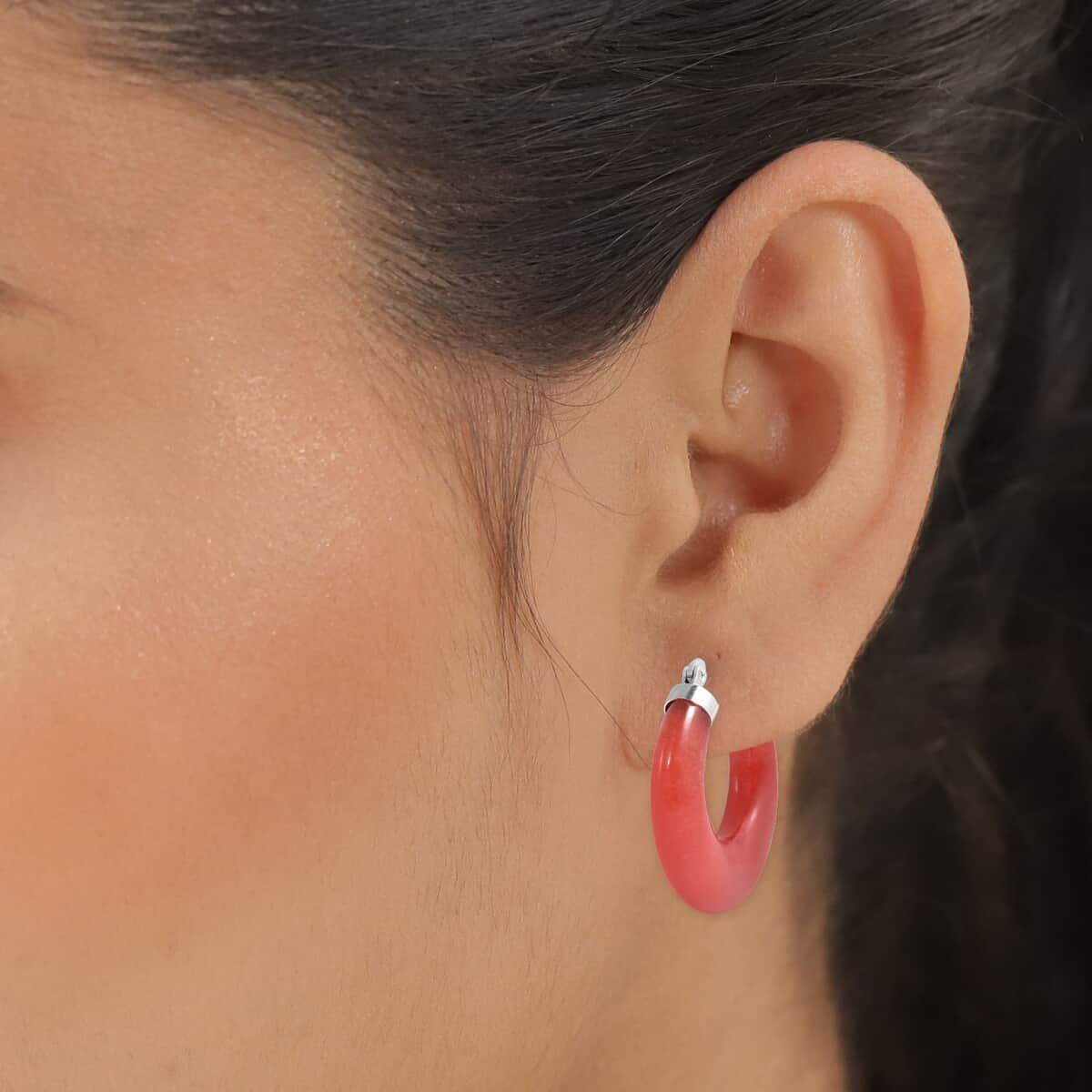 Red Carnelian Hoop Earrings in Stainless Steel image number 2