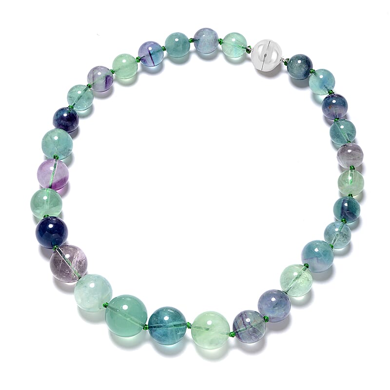 Multi Fluorite Beads Necklace 18 Inches with Magnetic Clasp in Sterling Silver 648.50 ctw