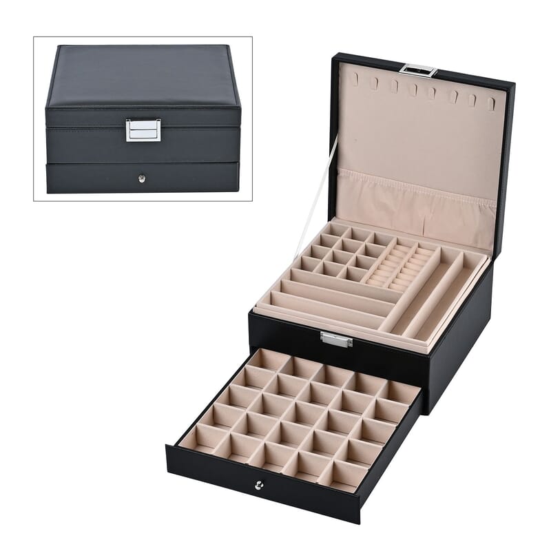 Black Faux Leather 3 Layer Jewelry Organizer with Removable Tray and Drawer