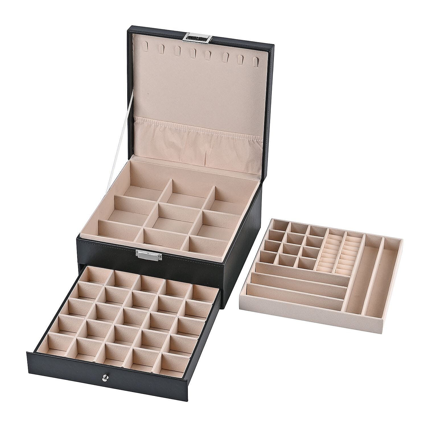 Black Faux Leather 3 Layer Jewelry Organizer with Removable Tray and Drawer