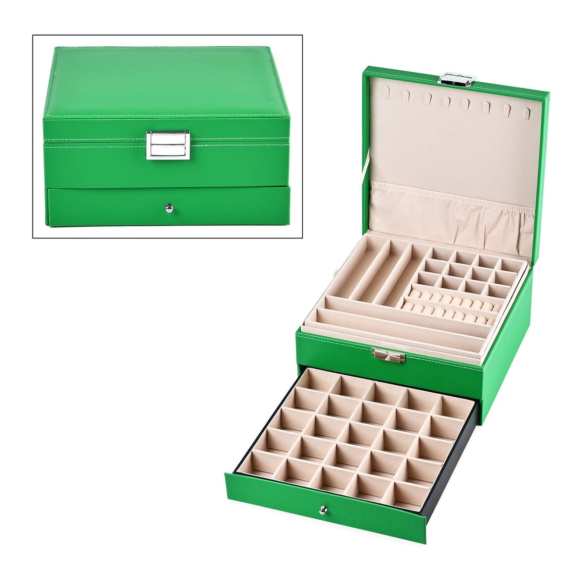Green Faux Leather 3 Layer Jewelry Organizer with Removable Tray and Drawer image number 0
