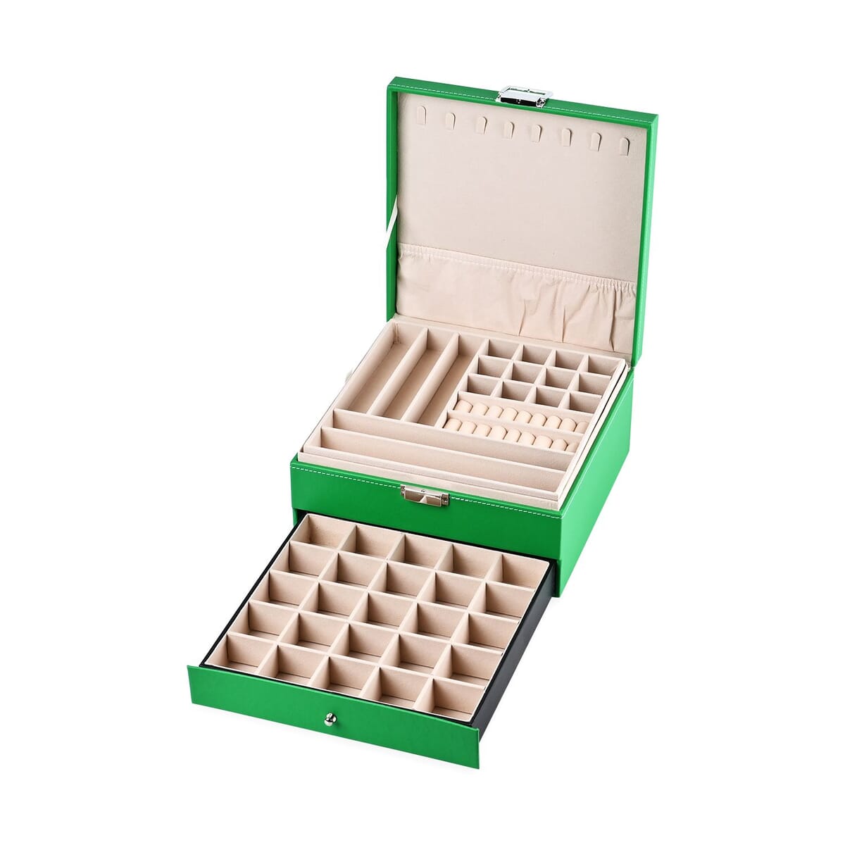 Green Faux Leather 3 Layer Jewelry Organizer with Removable Tray and Drawer image number 4