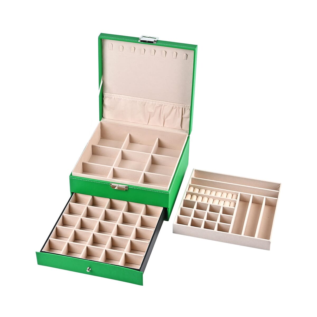 Green Faux Leather 3 Layer Jewelry Organizer with Removable Tray and Drawer image number 5