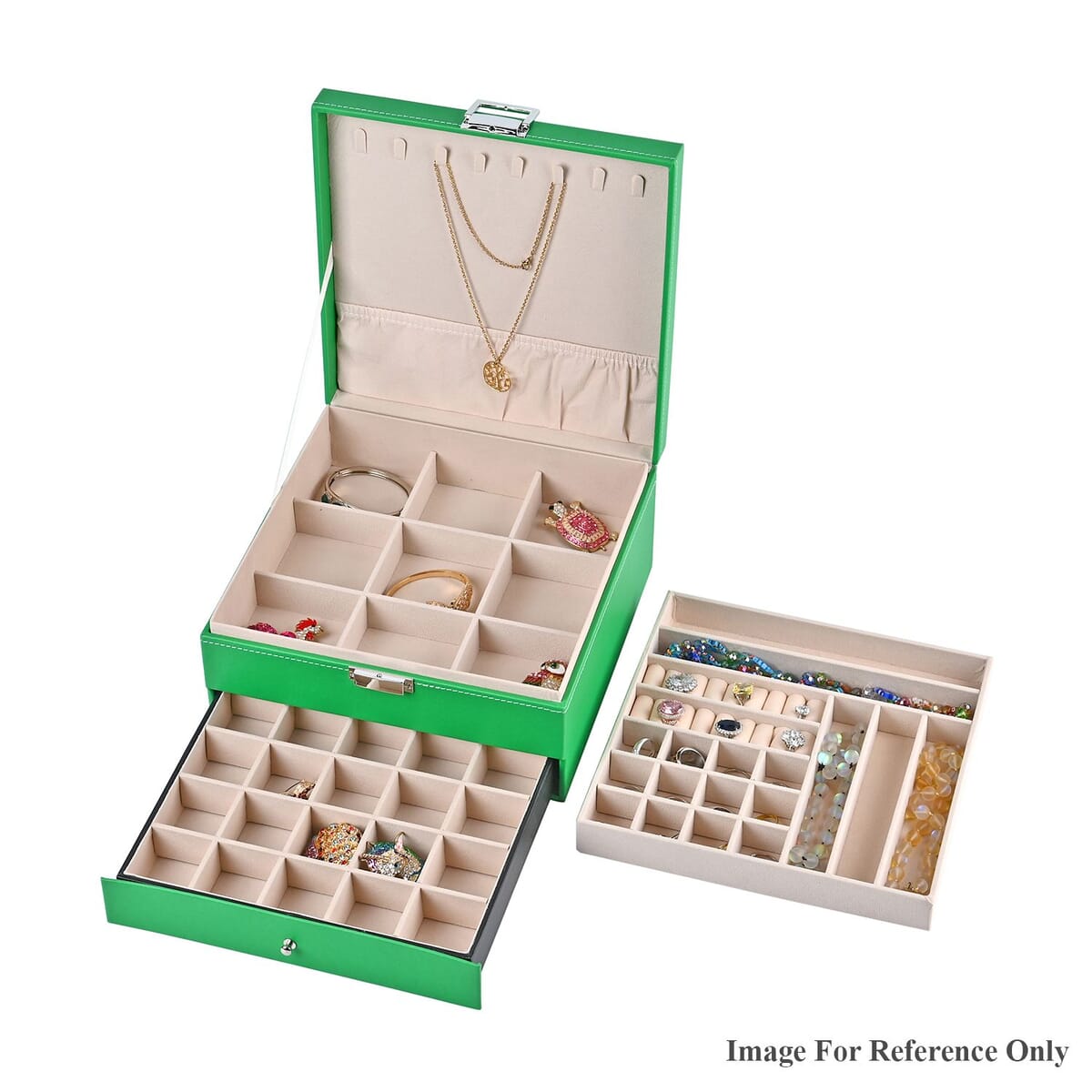Green Faux Leather 3 Layer Jewelry Organizer with Removable Tray and Drawer image number 6