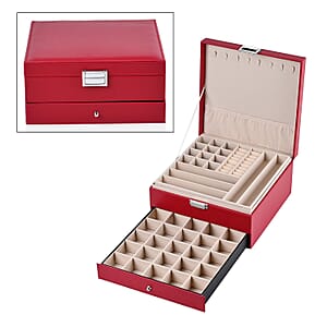 Wine Red Faux Leather 3 Layer Jewelry Organizer with Removable Tray and Drawer