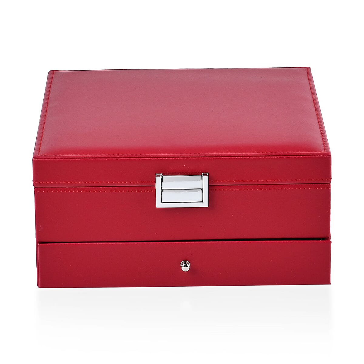 Wine Red Faux Leather 3 Layer Jewelry Organizer with Removable Tray and Drawer image number 1