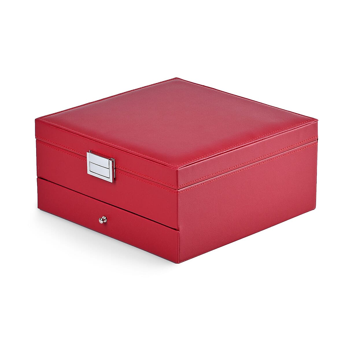 Wine Red Faux Leather 3 Layer Jewelry Organizer with Removable Tray and Drawer image number 2