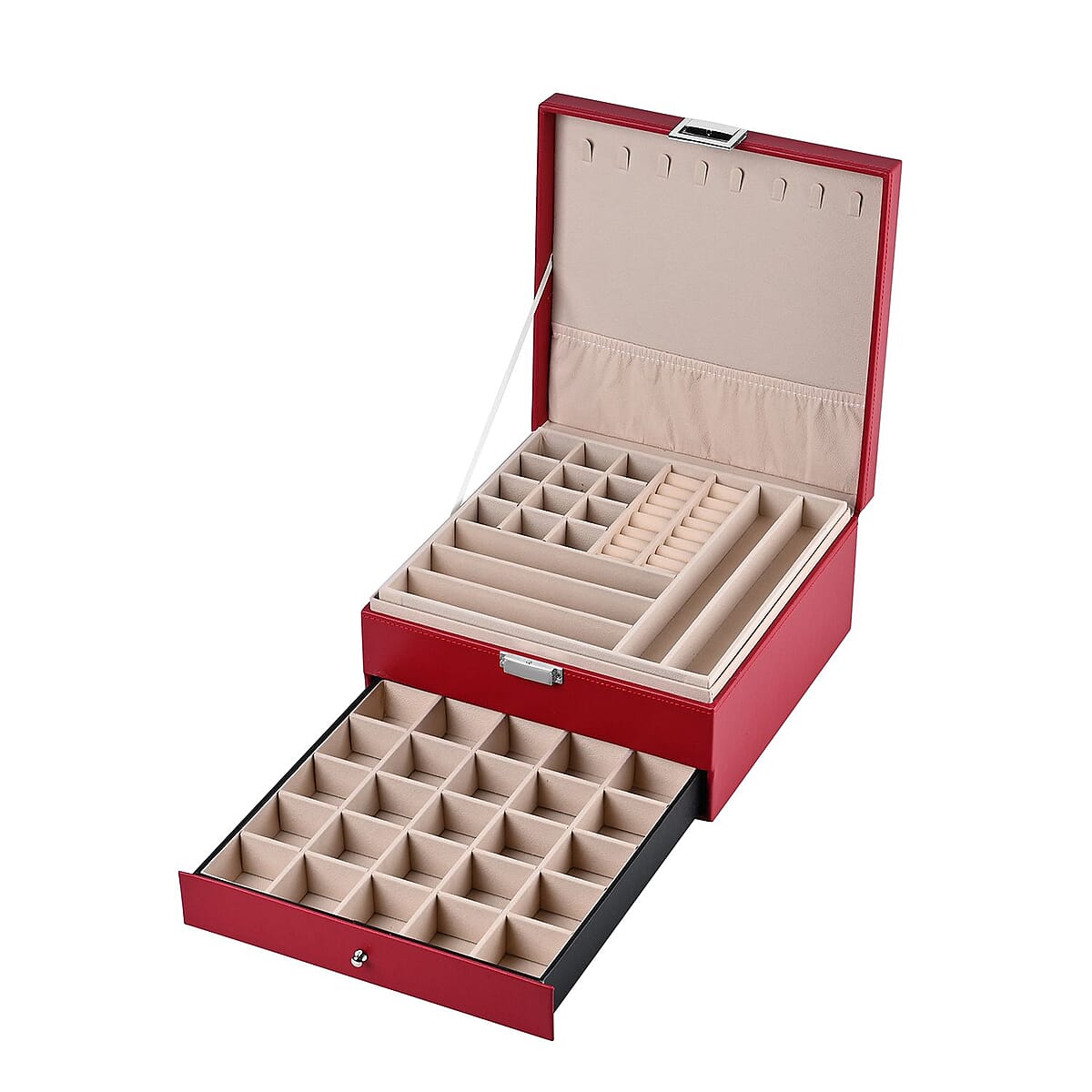 Wine Red Faux Leather 3 Layer Jewelry Organizer with Removable Tray and Drawer image number 4