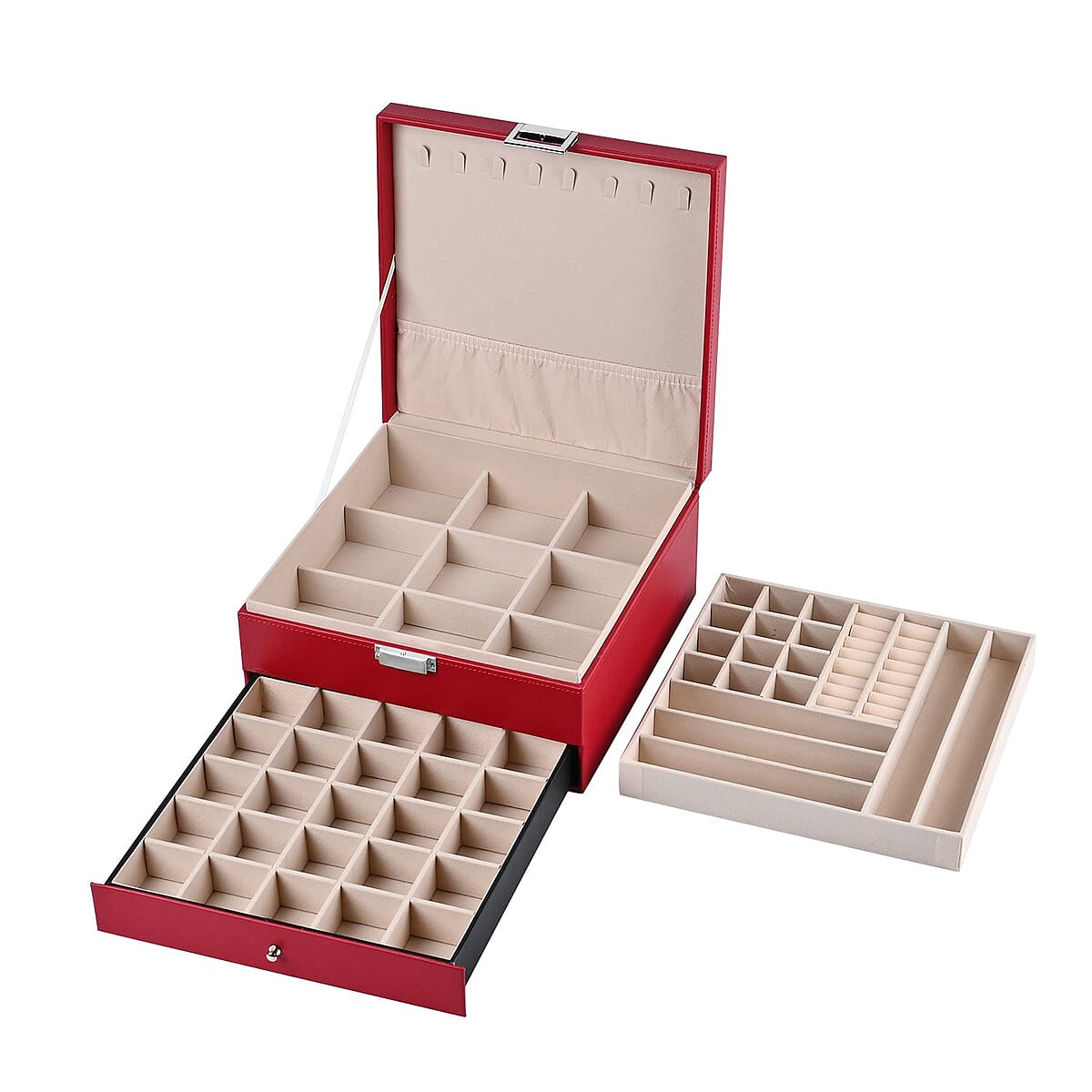 Wine Red Faux Leather 3 Layer Jewelry Organizer with Removable Tray and Drawer image number 5