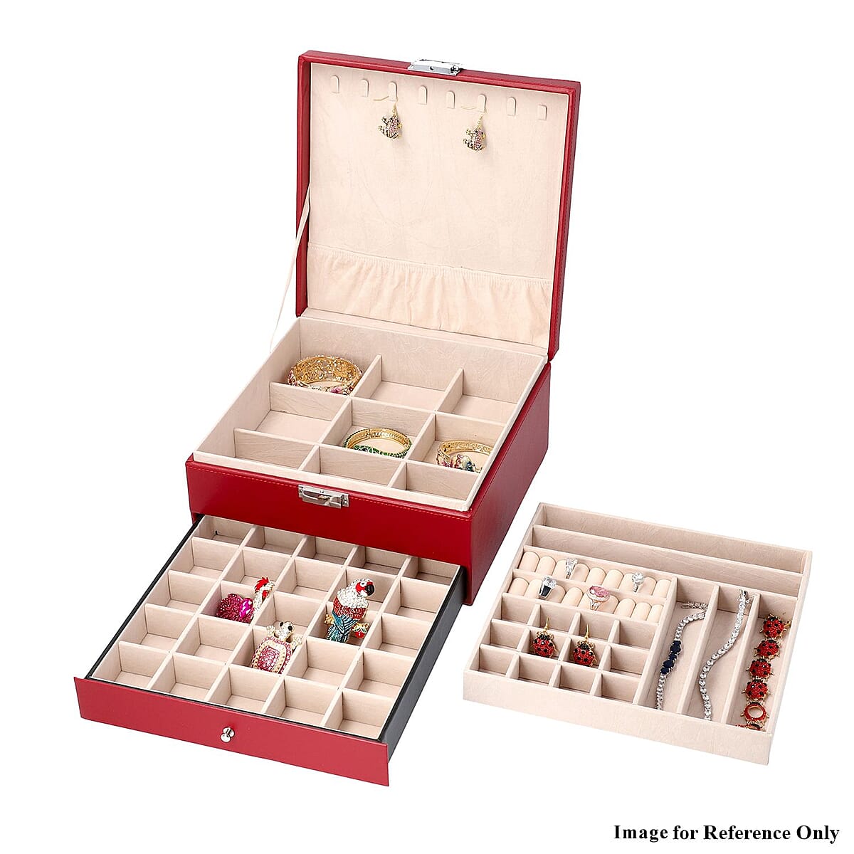 Wine Red Faux Leather 3 Layer Jewelry Organizer with Removable Tray and Drawer image number 6
