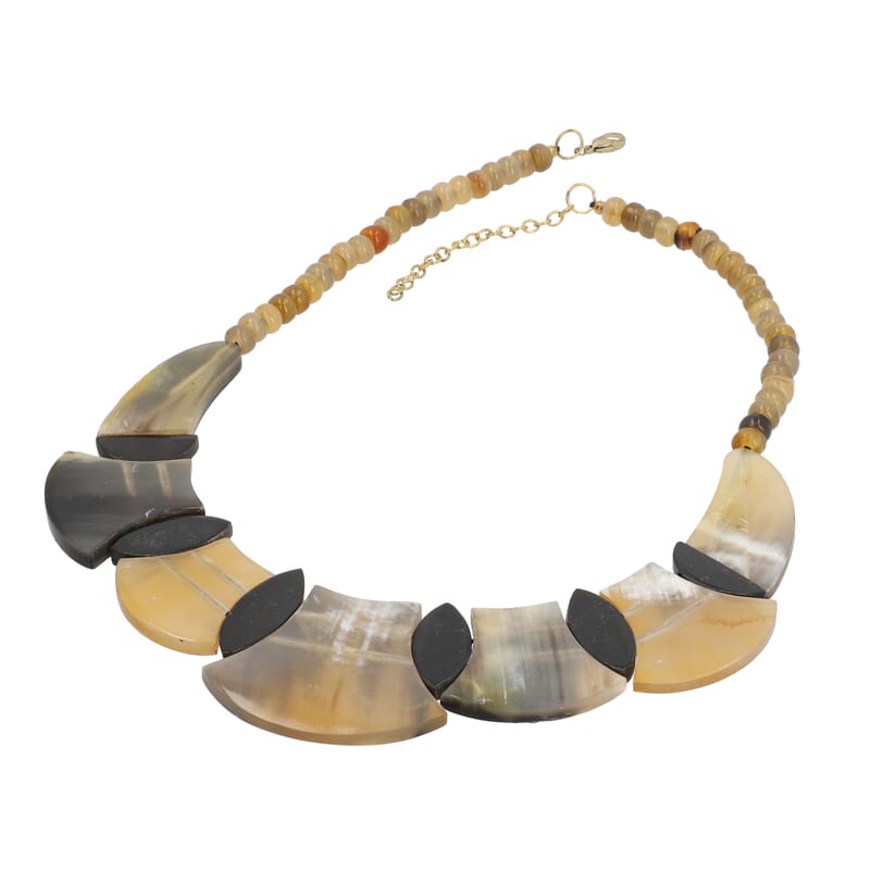 Multi Brown Genuine Buffalo Horn Graduated Statement Piece, Scale Shape Necklace (18-20 Inches) in Goldtone
