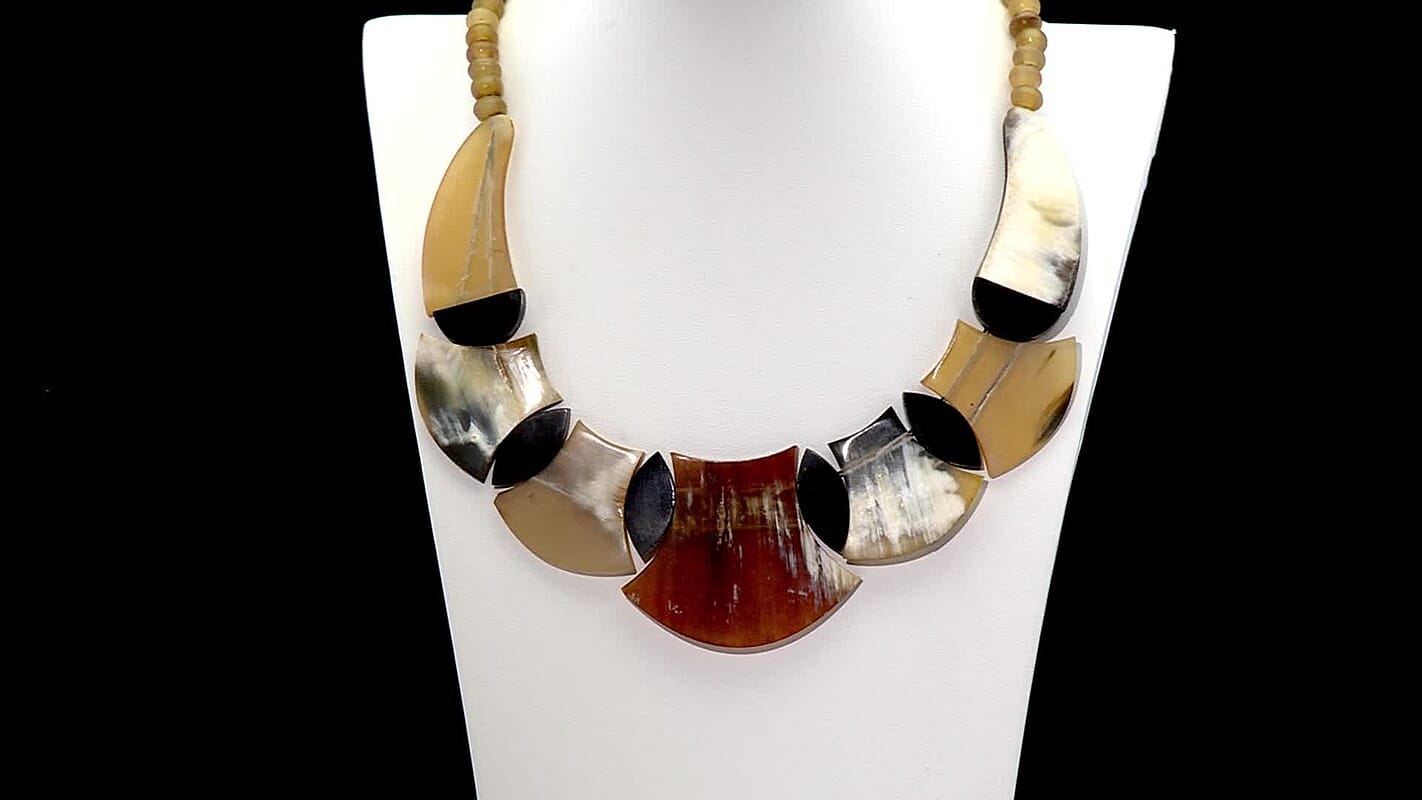 Multi Brown Genuine Buffalo Horn Scale Shape Necklace 18-20 Inches in Goldtone