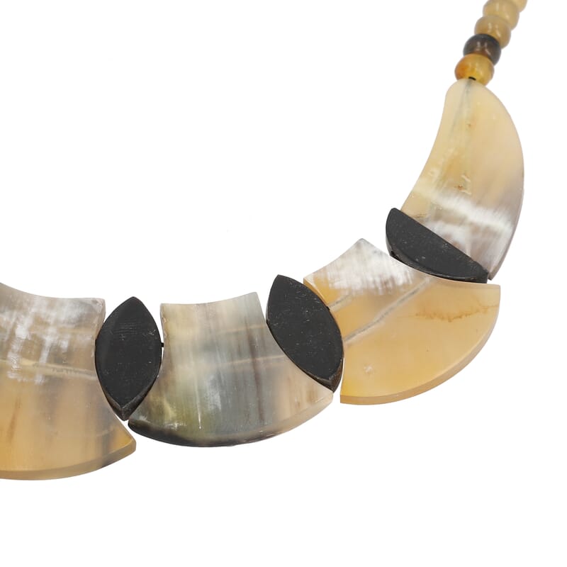 Multi Brown Genuine Buffalo Horn Graduated Statement Piece, Scale Shape Necklace (18-20 Inches) in Goldtone