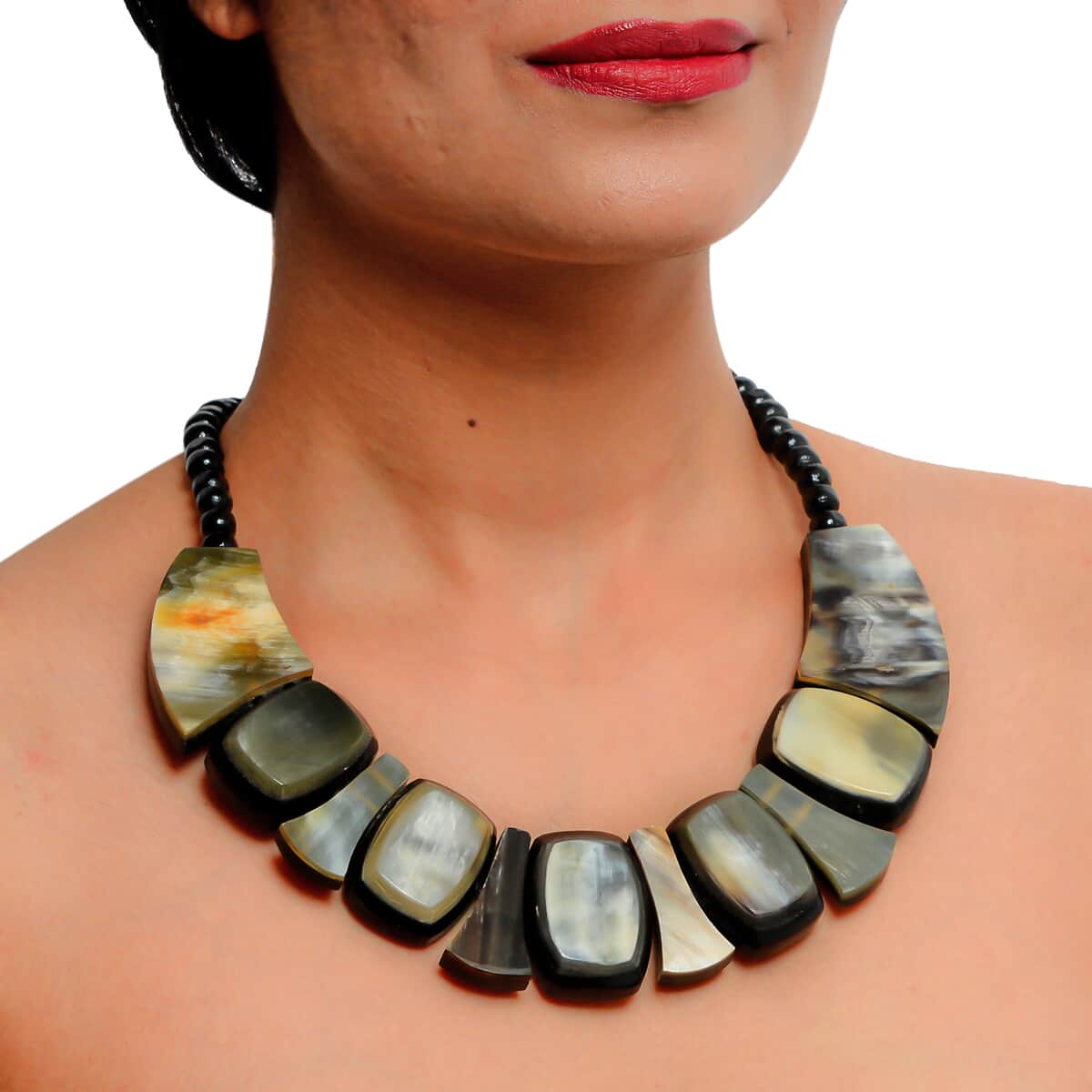 Black Genuine Buffalo Horn Multi Shape Necklace (18-20 Inches) in Goldtone image number 1