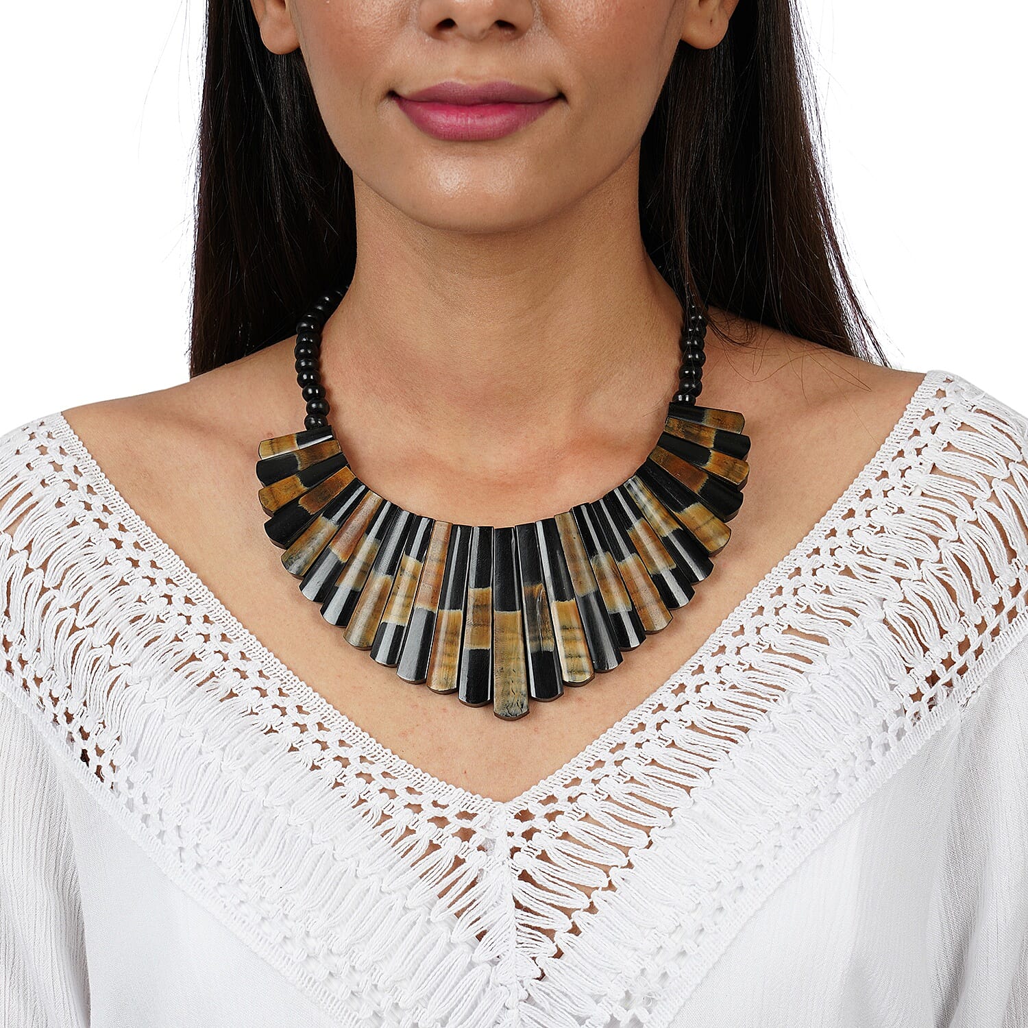 Multi Brown Genuine Buffalo Horn Fringe Necklace 18-20 Inches in Goldtone