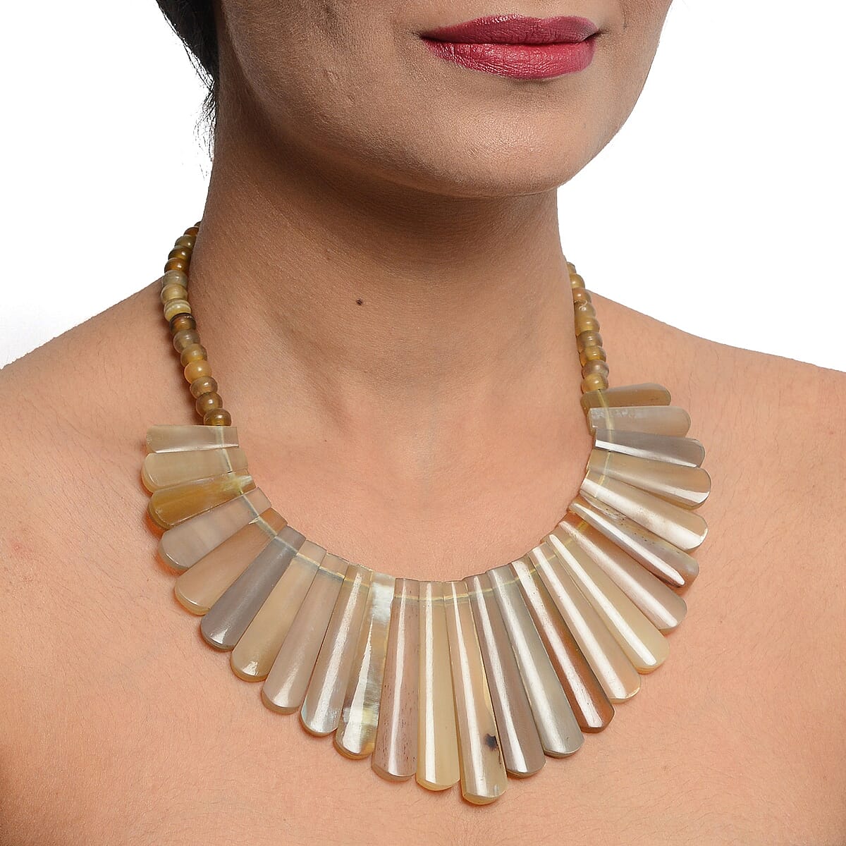 Cream 100% Genuine Buffalo Horn Necklace 18 Inches in Goldtone image number 1