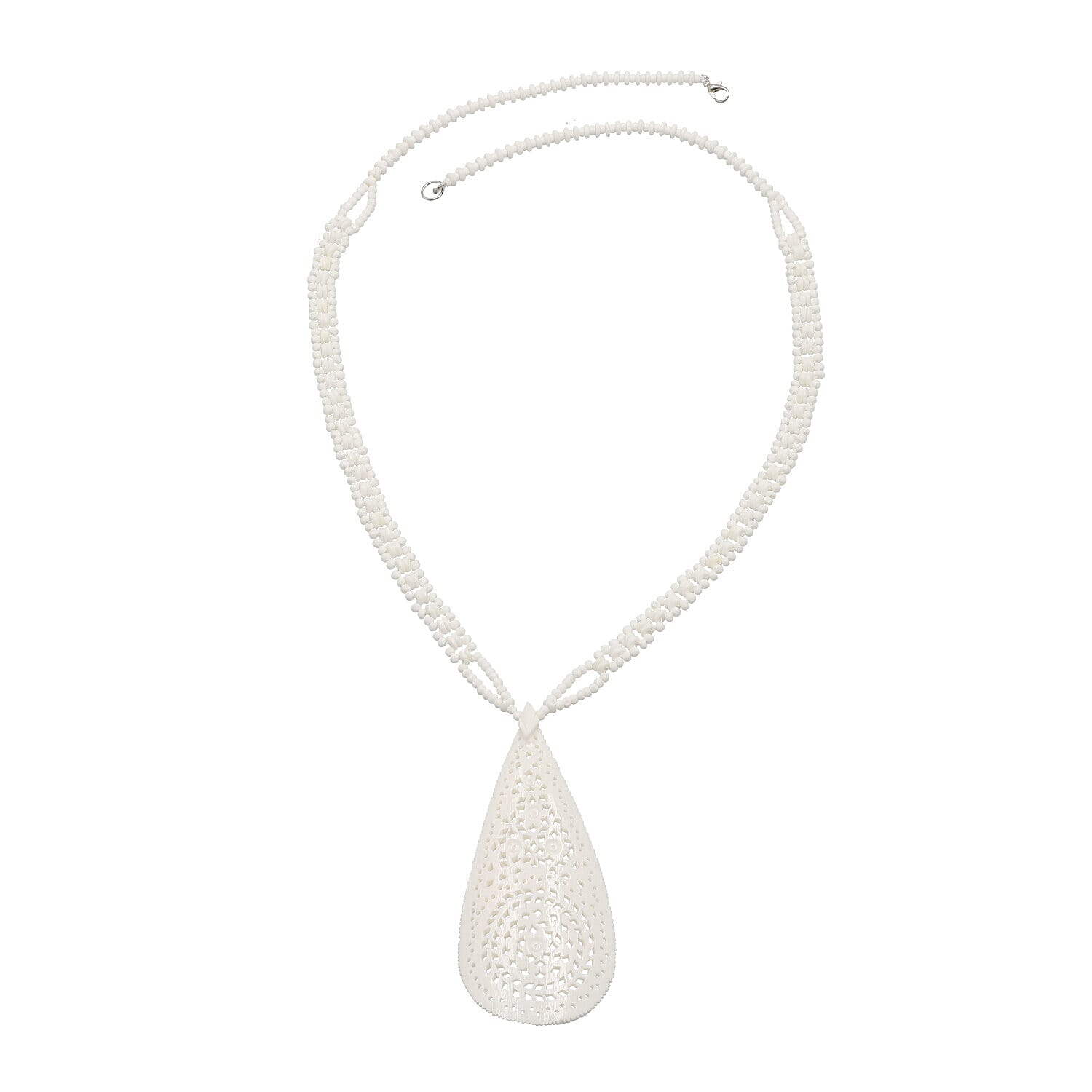 White Carved Bone Drop Necklace (18-20 Inches) in Silvertone