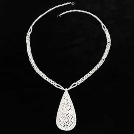 White Carved Bone Drop Necklace (18-20 Inches) in Silvertone image number 2