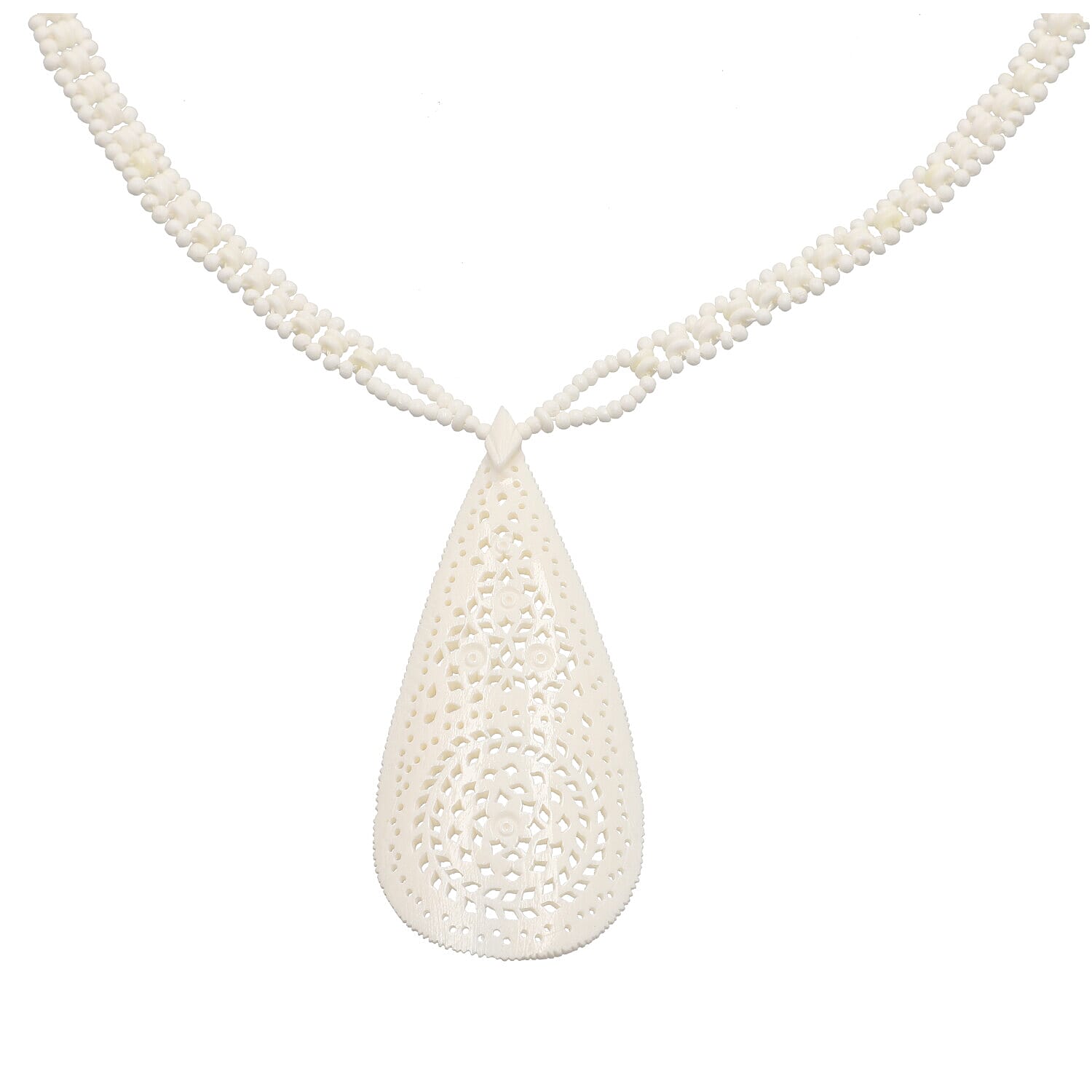 White Carved Bone Drop Necklace (18-20 Inches) in Silvertone