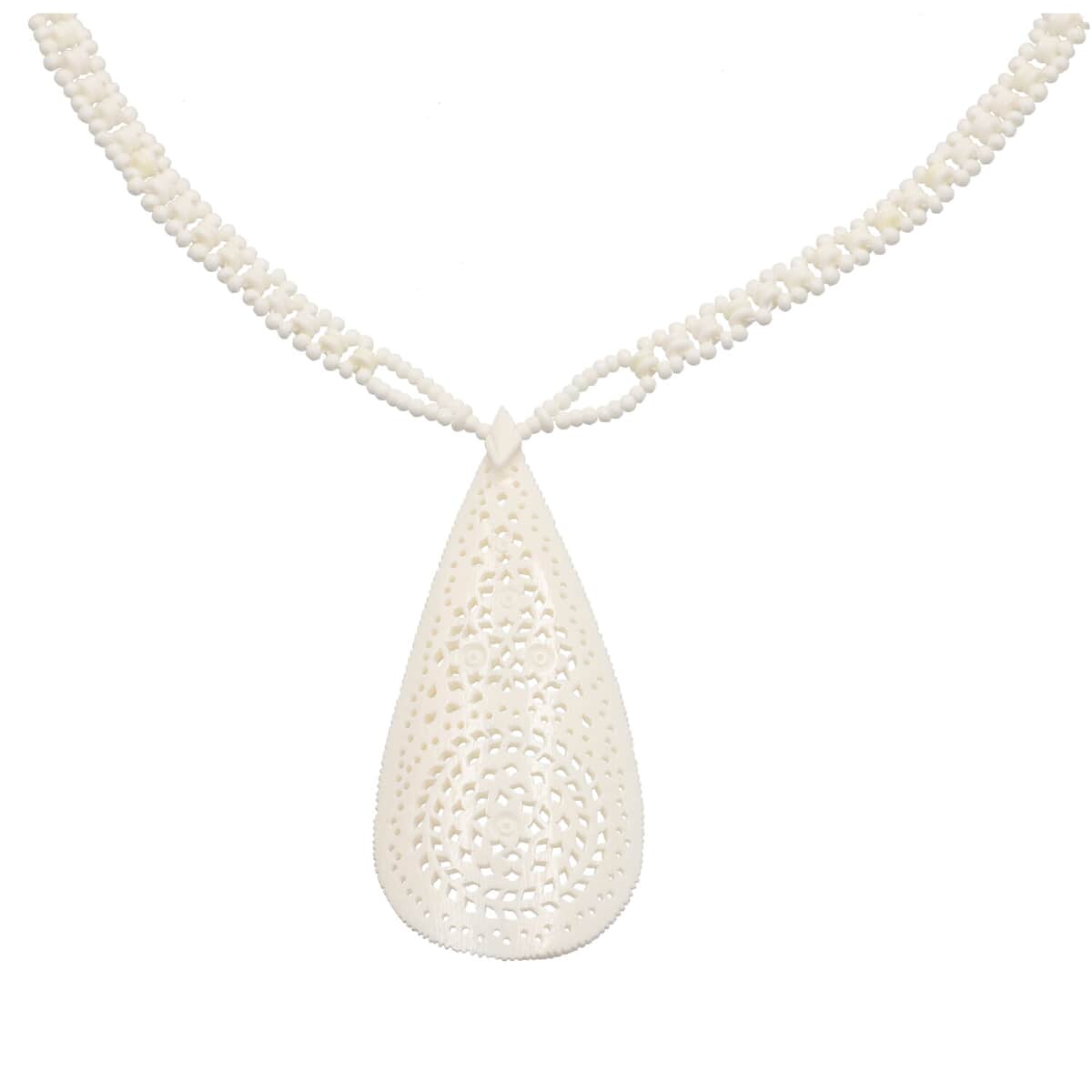 White Carved Bone Drop Necklace (18-20 Inches) in Silvertone image number 3