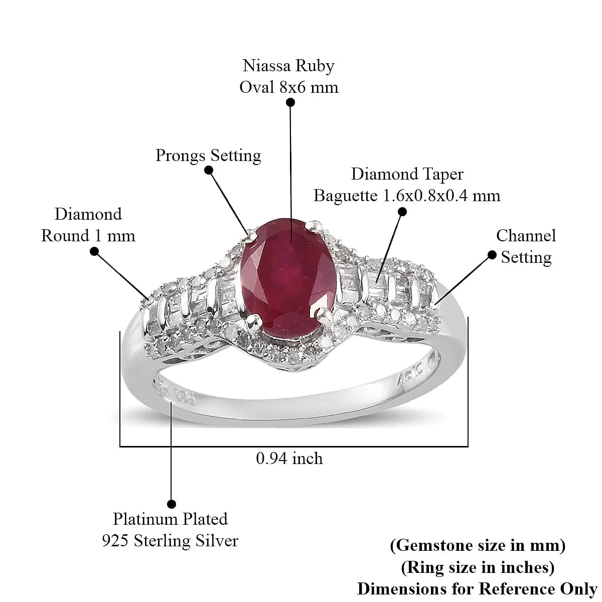 Niassa Ruby (FF) and Diamond 2.14 ctw Ring in Platinum Over Sterling Silver (Size 9.0)