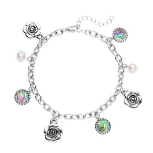 Abalone Shell and Freshwater Pearl Charm Anklet in Black Oxidized Stainless Steel (9-11in)