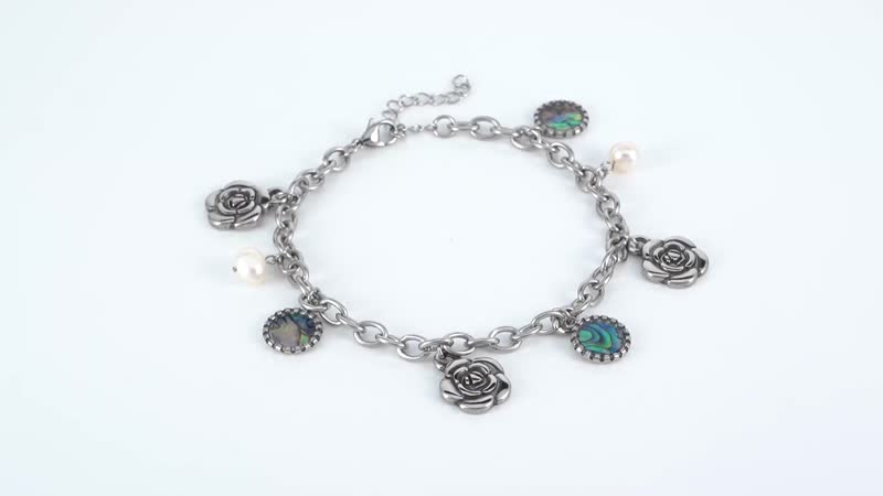Abalone Shell and Freshwater Pearl - White Anklet in Black Oxidized Stainless Steel