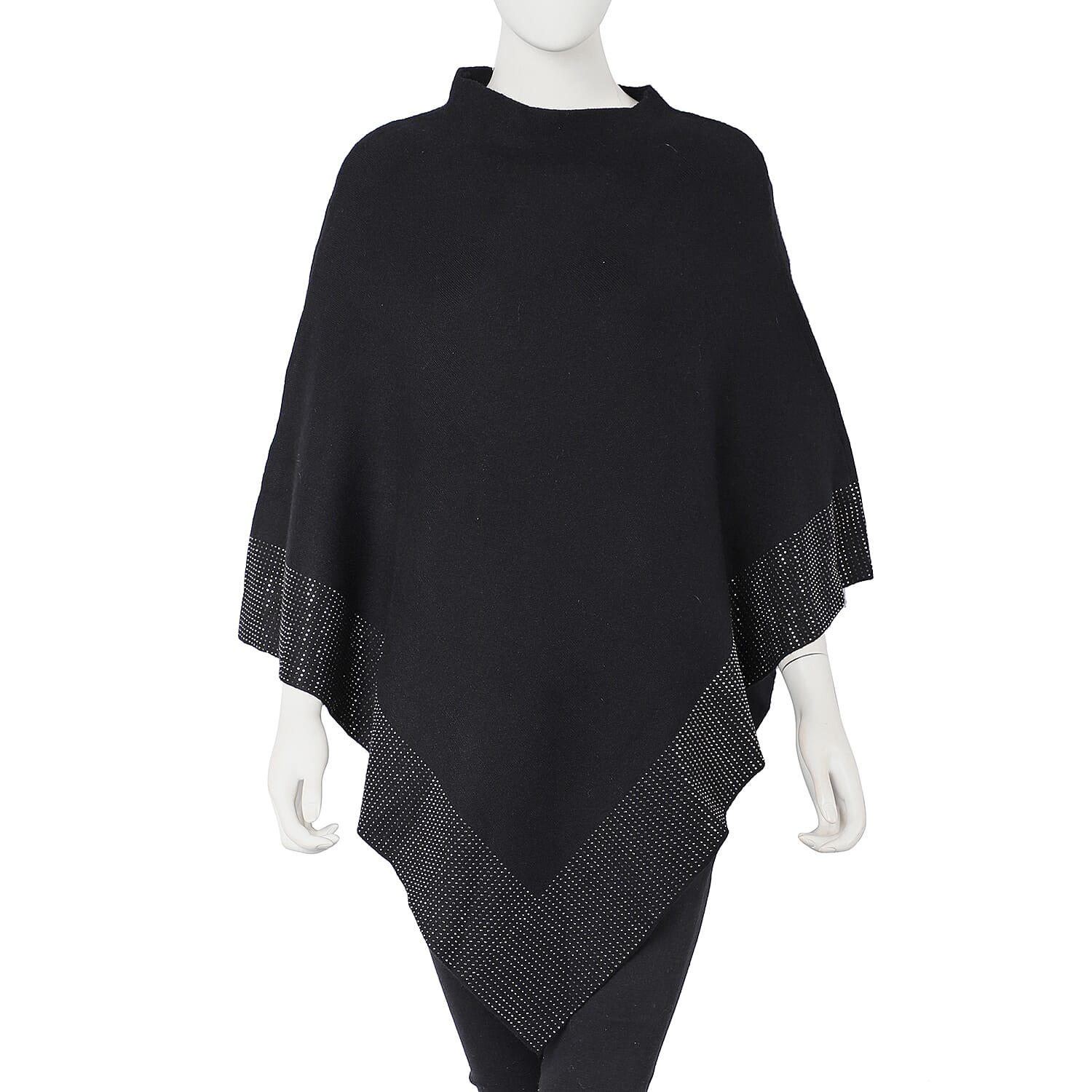 Black Crystal Studded Border Poncho (One Size Fits Most, Acrylic)