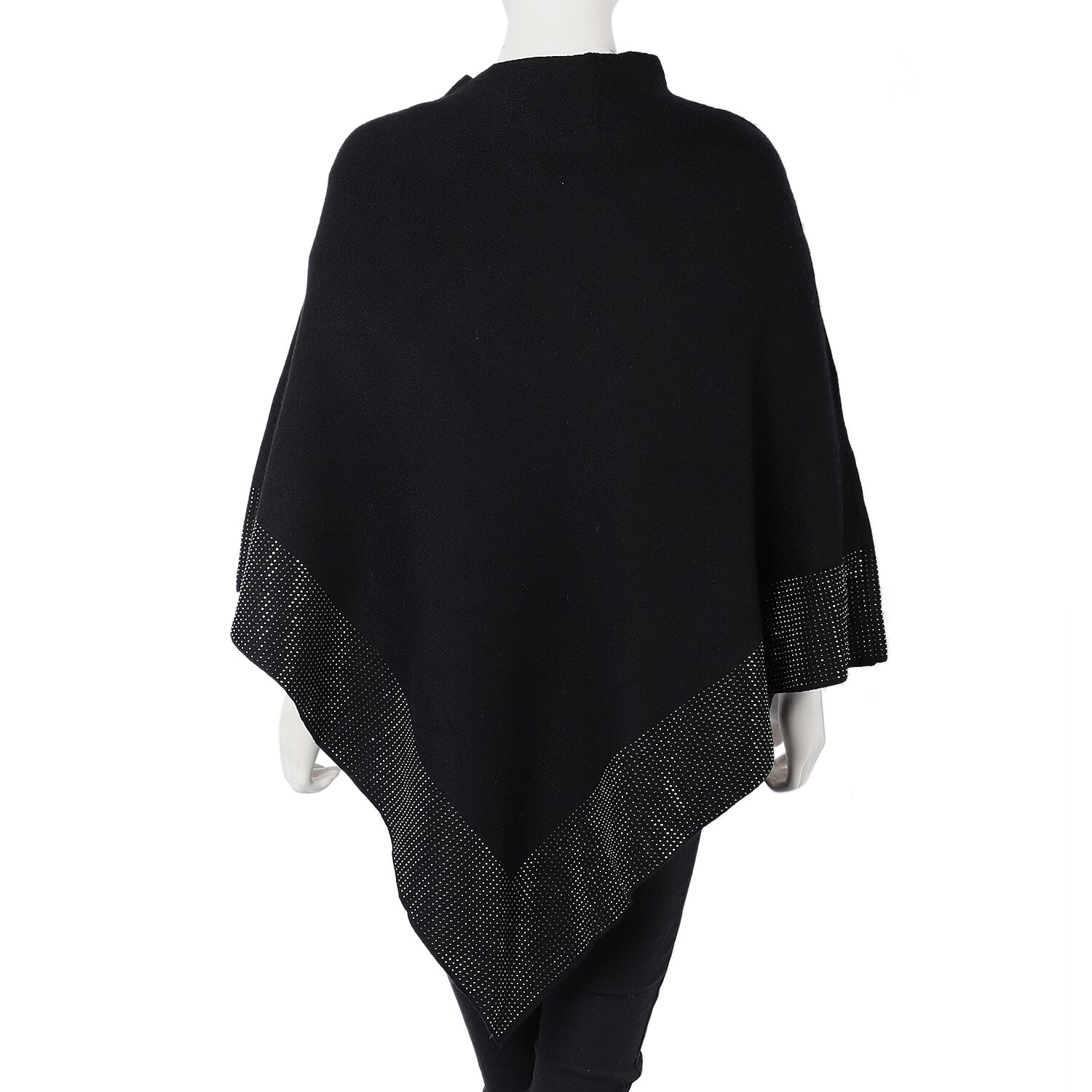 Black Crystal Studded Border Poncho (One Size Fits Most, Acrylic)