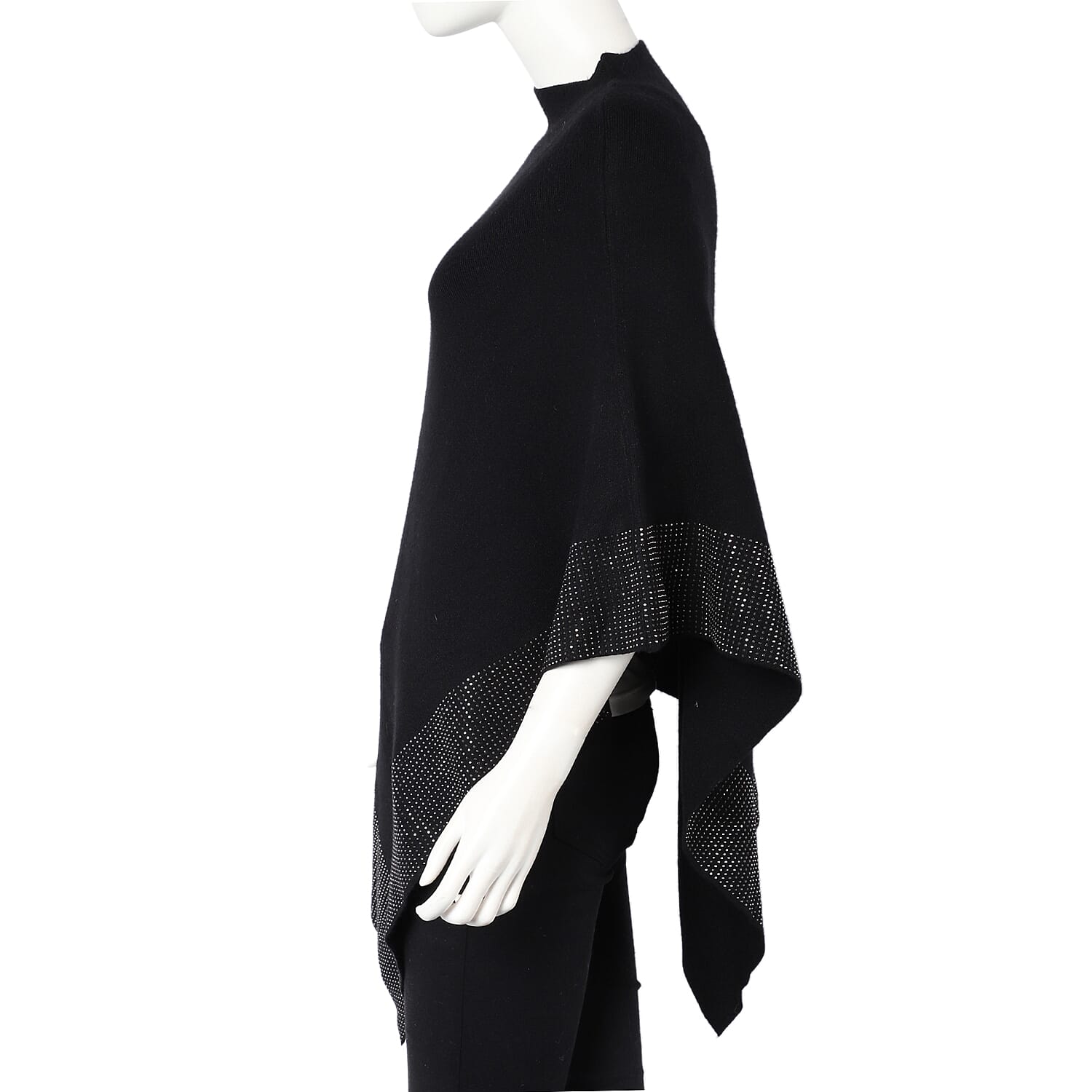 Black Crystal Studded Border Poncho (One Size Fits Most, Acrylic)