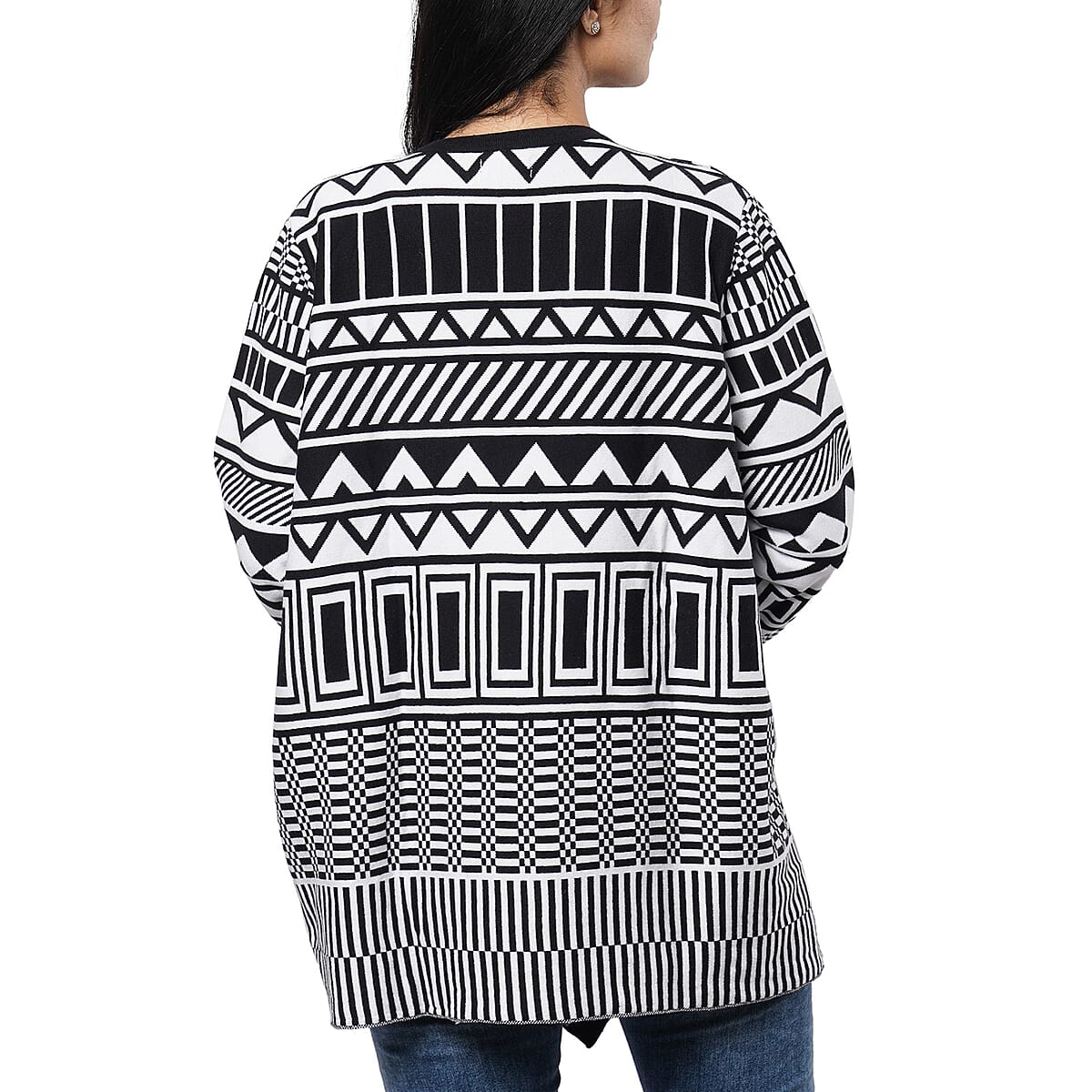 PASSAGE 100% Cotton Jacquard Knit Black & White Tribal Print Cardigan (One Size Missy) image number 1