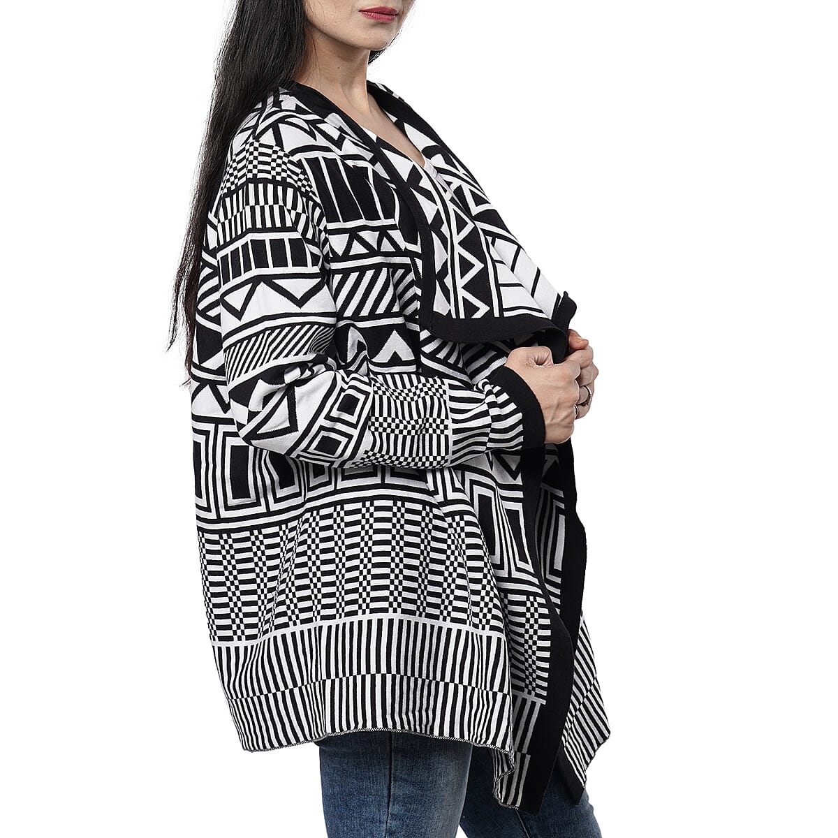 PASSAGE 100% Cotton Jacquard Knit Black & White Tribal Print Cardigan (One Size Missy) image number 2