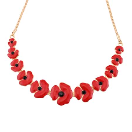 Black Austrian Crystal and Enameled Red Poppy Flower Pendant Necklace 24-27 Inches in Goldtone image number 0