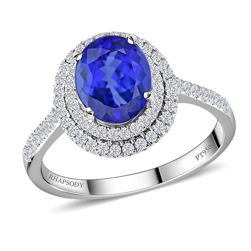 Certified & Appraised Rhapsody 950 Platinum AAAA Tanzanite and E-F VS Diamond Double Halo Ring (Size 10.0) 6.13 Grams 2.60 ctw