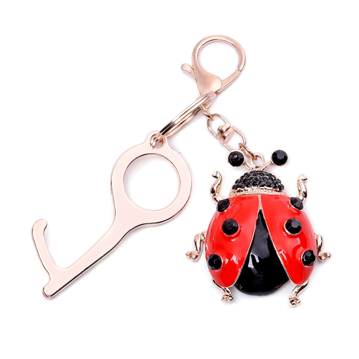 Black Austrian Crystal and Enameled Ladybug Key Chain with Touchless Door Opener in Rosetone image number 0