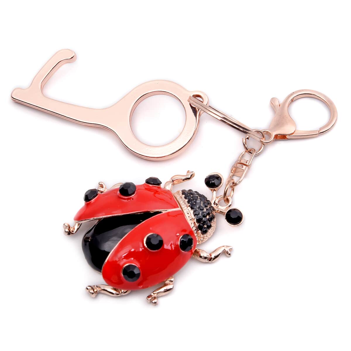 Black Austrian Crystal Enameled Ladybug Key Chain with Touchless Door Opener in Goldtone image number 1