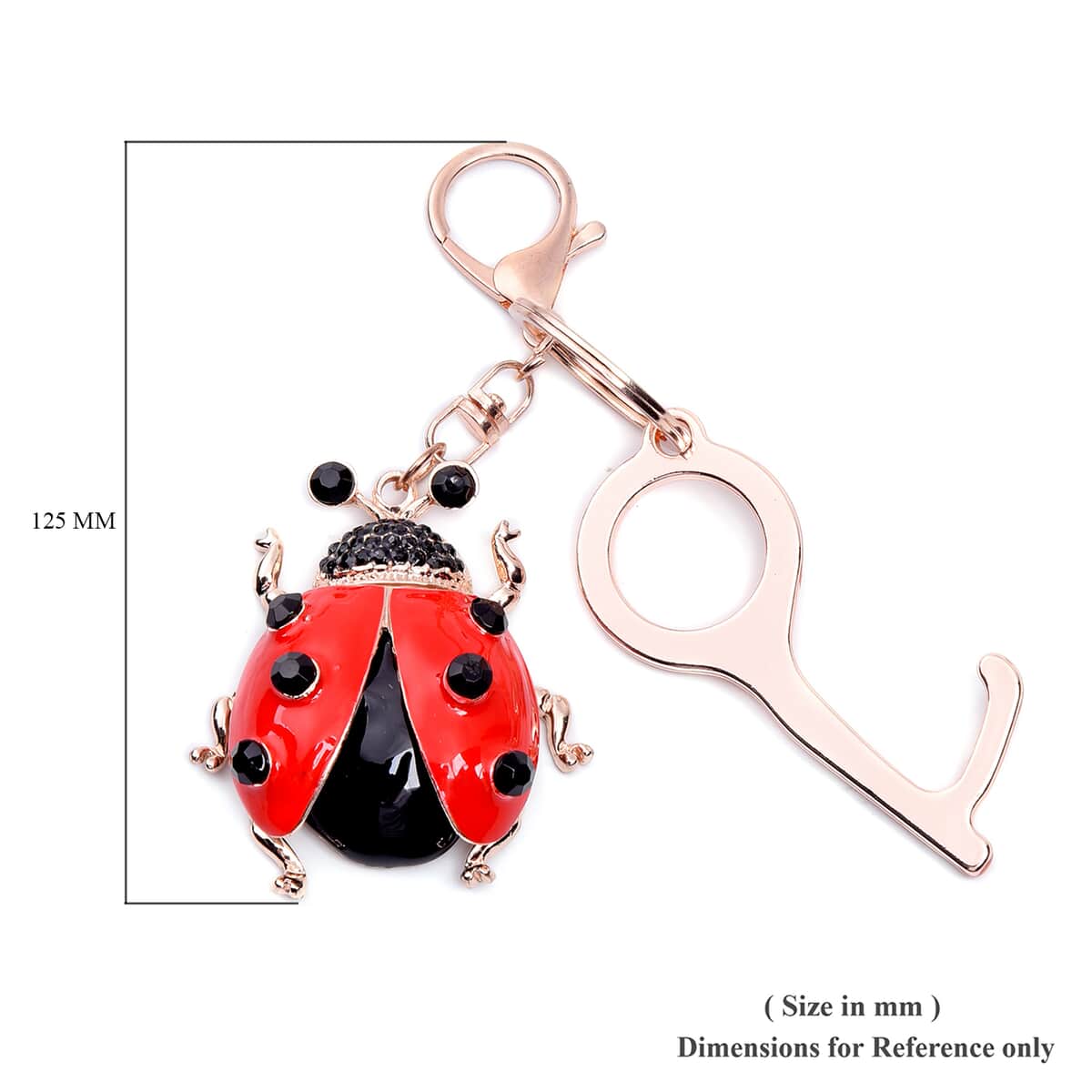 Black Austrian Crystal and Enameled Ladybug Key Chain with Touchless Door Opener in Rosetone image number 3
