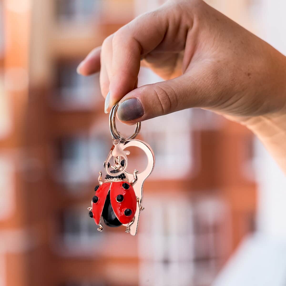 Black Austrian Crystal and Enameled Ladybug Key Chain with Touchless Door Opener in Rosetone image number 4