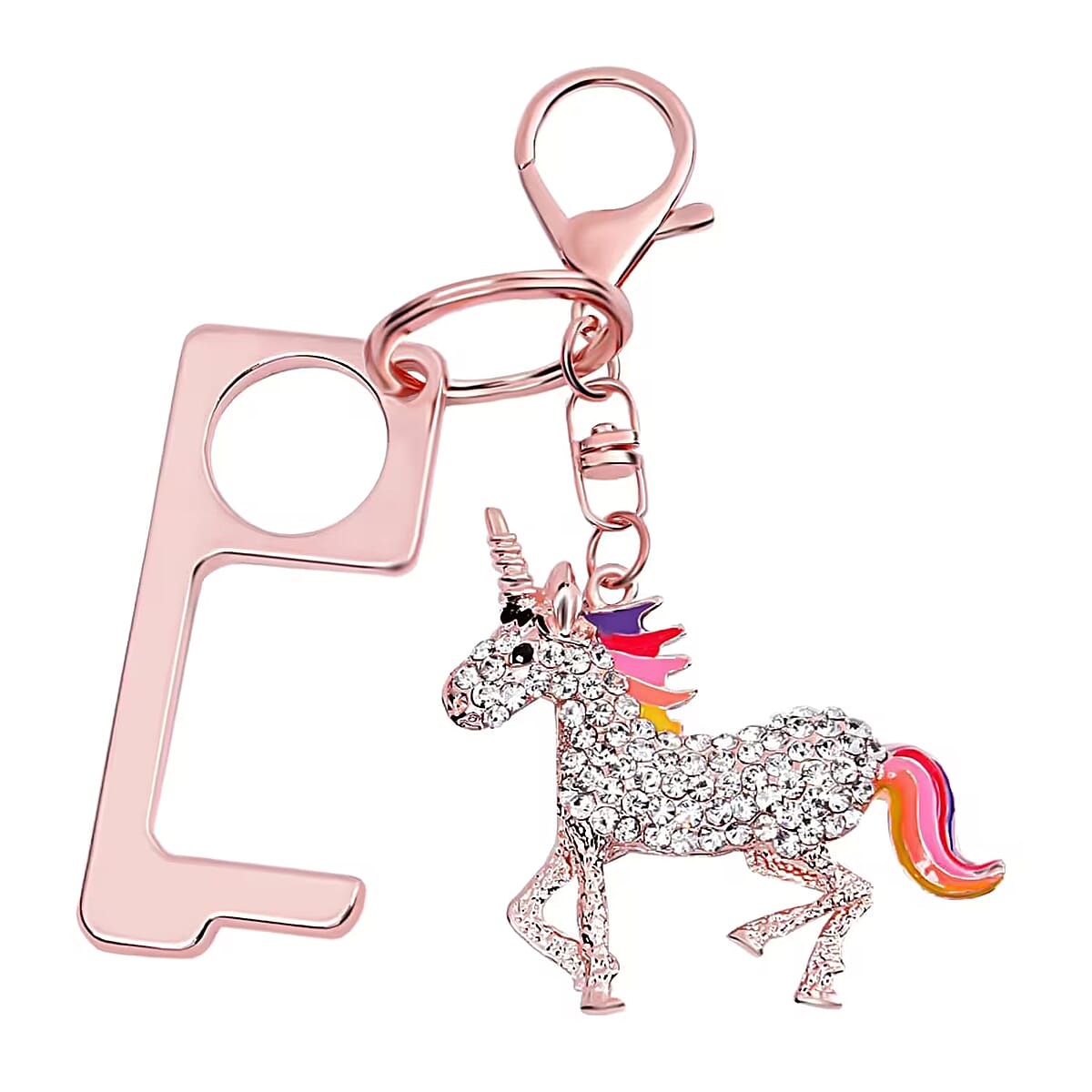 Black and White Austrian Crystal, Enameled Unicorn Key Chain with Touchless Door Opener in Rosetone image number 0