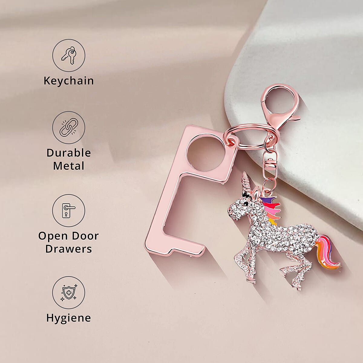 Black and White Austrian Crystal, Enameled Unicorn Key Chain with Touchless Door Opener in Rosetone image number 2