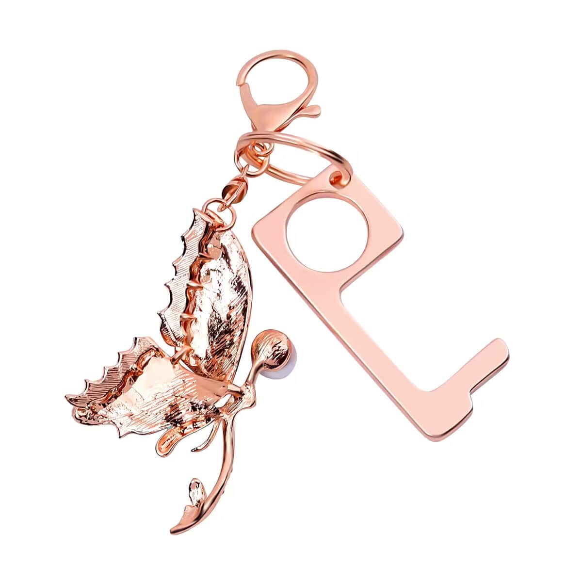 Simulated Pearl, Austrian Crystal and Enameled Butterfly Key Chain with Touchless Door Opener in Rosetone image number 5